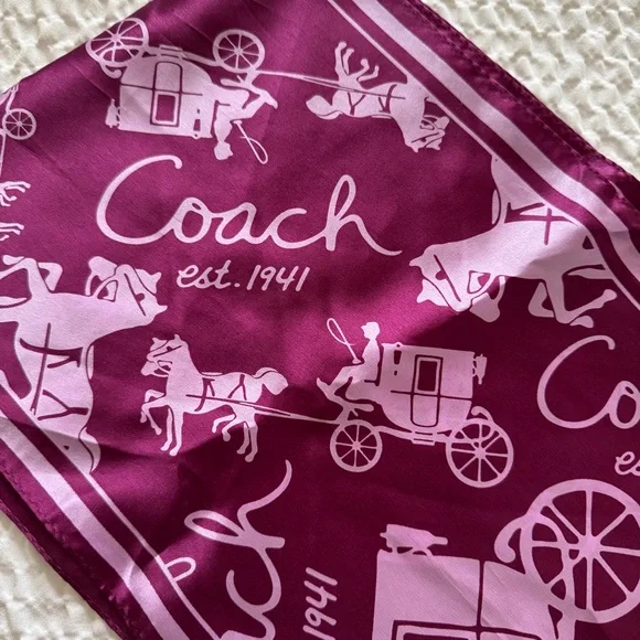 NWT Coach 100% Silk Scarf, Heritage Carriage Script, Purple - Picture 6 of 7